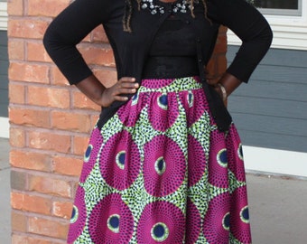 African Pink Green Ankara Skirt; Size Medium