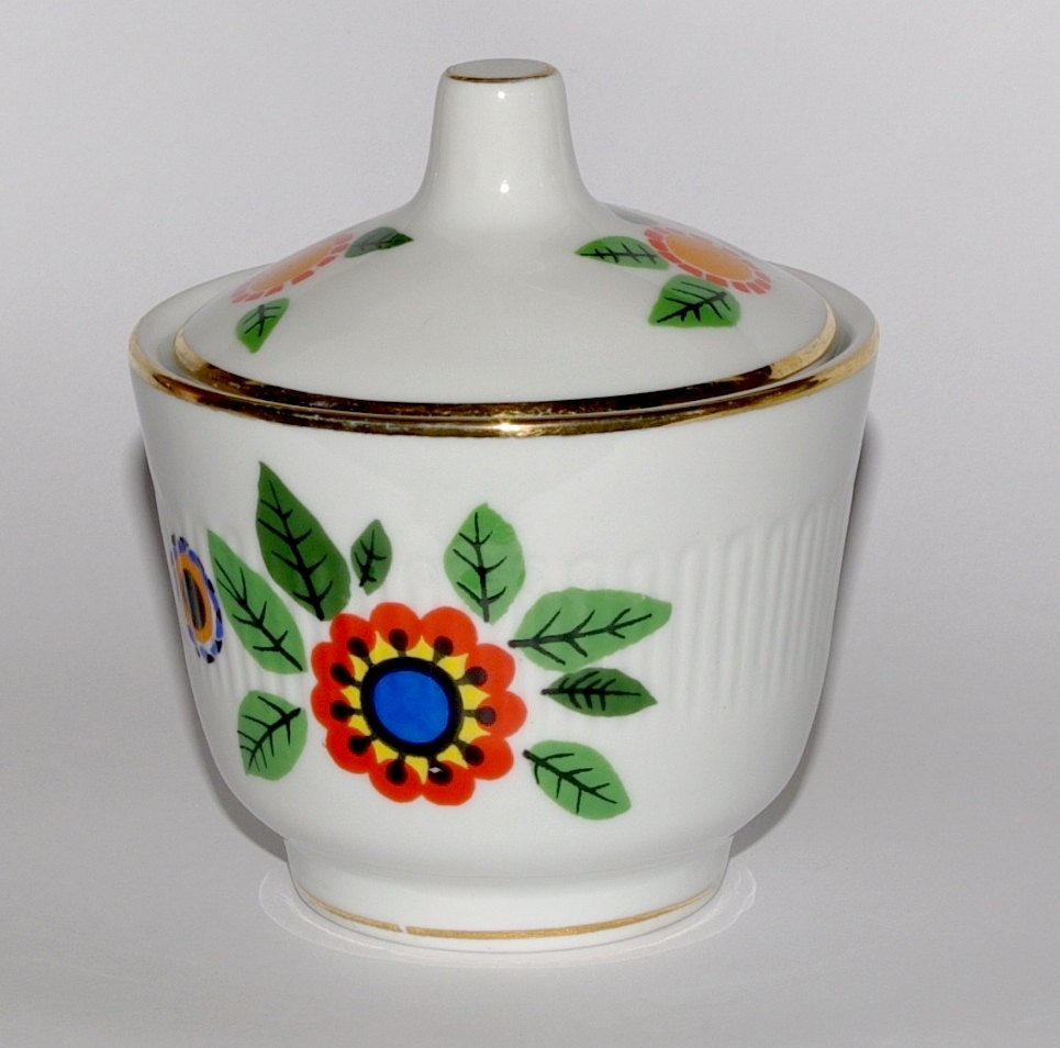 Vintage Sugar Bowl with lid / Hand Printed / Flowers / Folk / Polish