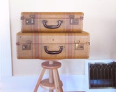 tweed suitcases set pair striped old luggage set vintage antique 1940s graduation gift wedding decor mid century stacking photo prop