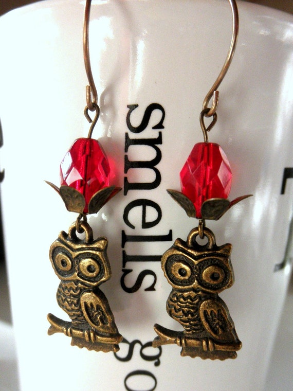 Owl Dangle Earrings Siam and Brass Earrings Fall /Winter Earrings