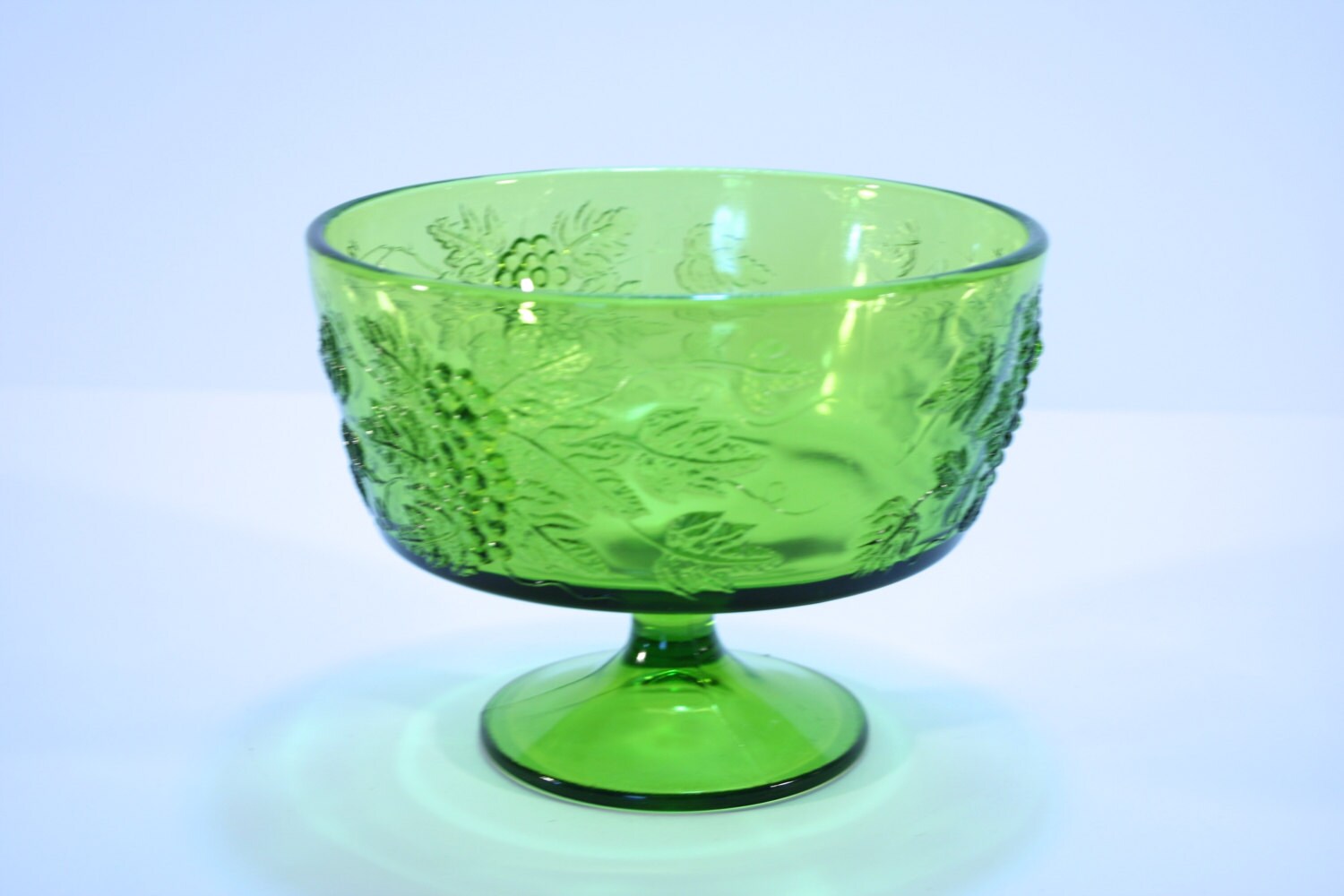 Vintage Green Glass Footed Bowl or Compote with Grapes and Leaves Motif