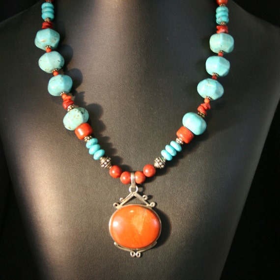 Turquoise and Coral Statement Necklace