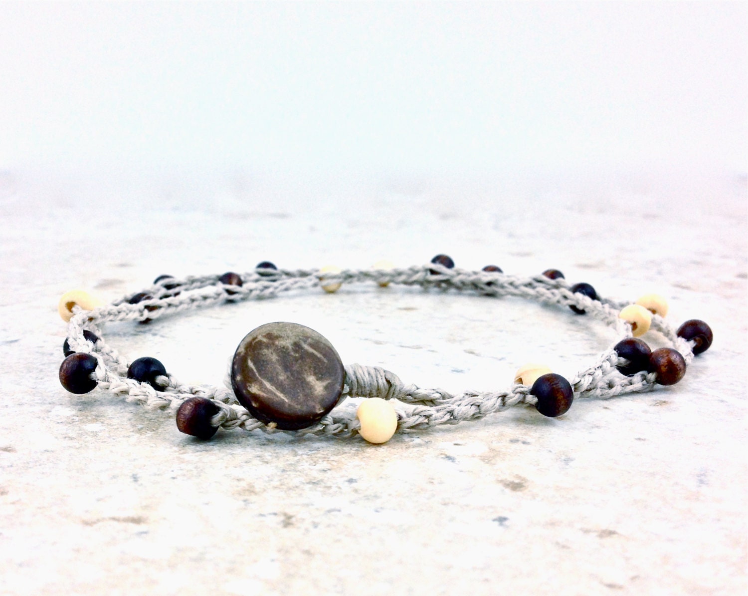 Blonde Hemp Double Wrap Anklet Hemp Anklet Wood Beaded Anklet