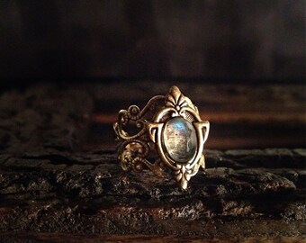 Aria- Adjustable Labradorite Brass Ring, Antique Labradorite Ring, tribal labradorite ring, vintage labradorite ring, boho ring, ornate ring