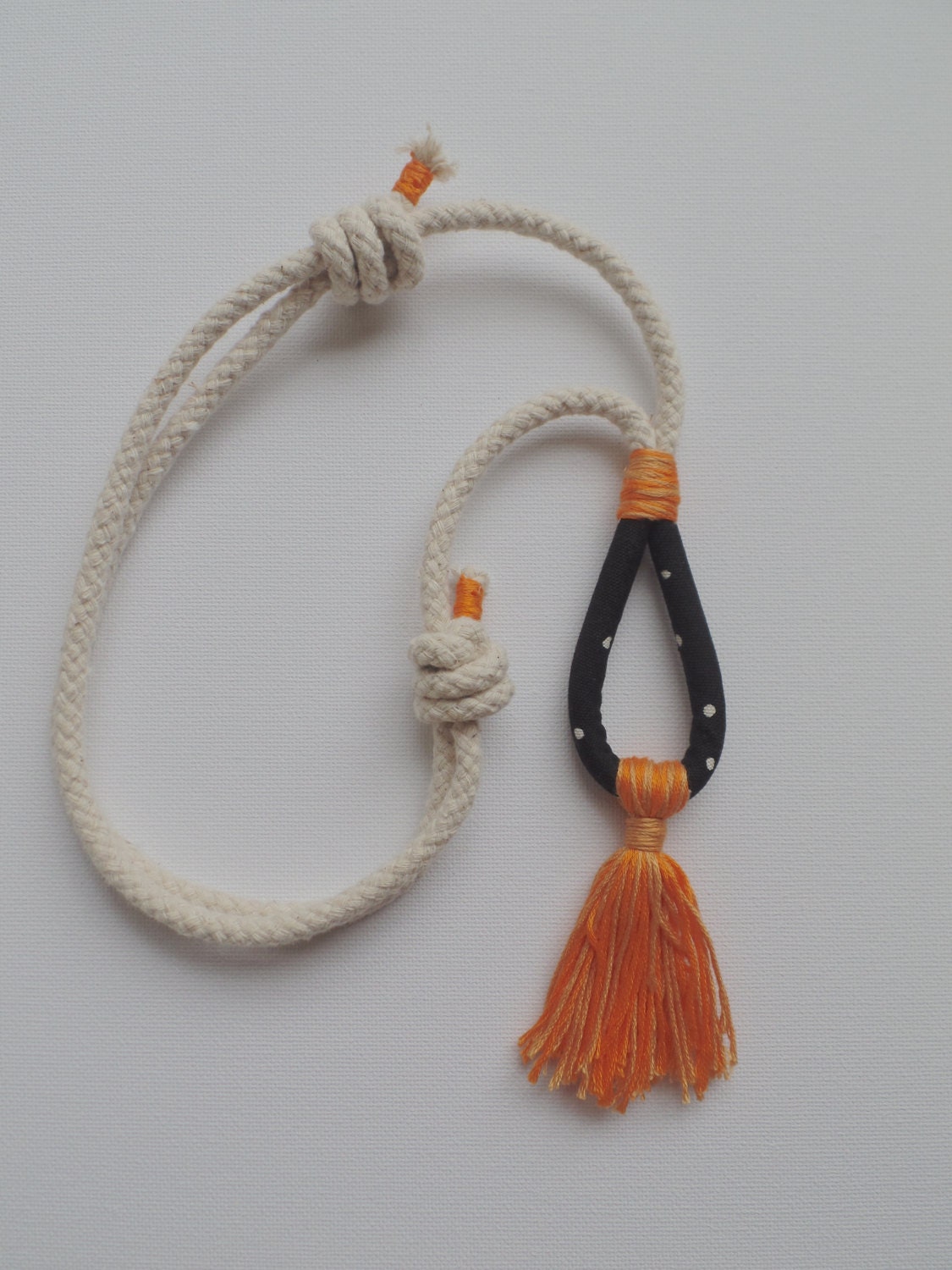 SALE Rope Necklace with Fabric and Orange Tassel