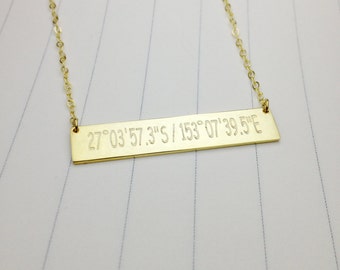 Gold Coordinate Necklace,Latitude Longitude Necklace,Roman Numeral Bar Necklace,Horizontal Bar Jewelry,Custom Bar Necklace