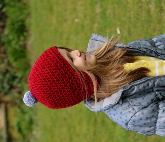 Crochet Girls Hat, Crochet Earflap Hat for Children, Pom Pom Hat for Girls or Boys, Crochet Childrens Beanie, Red and Gr