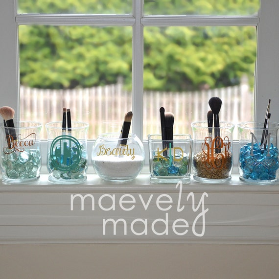 Glass Makeup Brush Holder with Filling : Monogrammed Vase Makeup ...