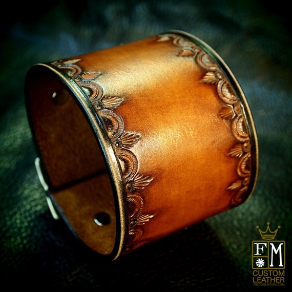 Leather cuff Bracelet Vintage style Brown stamped and tooled wristband Custom Made for YOU in NYC by Freddie Matara!