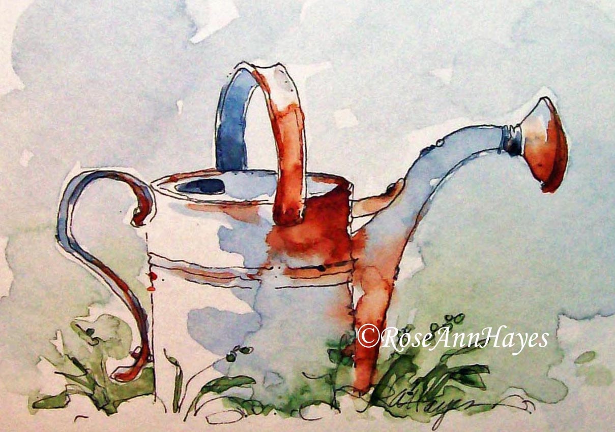 Vintage Watering Can Print of Watercolor Painting ACEO Garden