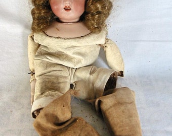 Antique German Doll 4/0 Unmarked Bisque Head Shoulder Doll Kid Leather Open ...
