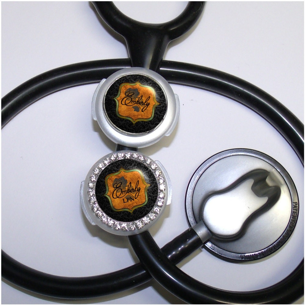 Stethoscope Id Tag Black Damask Rose Marble by DestinationLtd