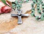 Small silver cross aventurine necklace beaded cross necklace natural gemstone cross pendant silver cross necklace handmade gifts for her