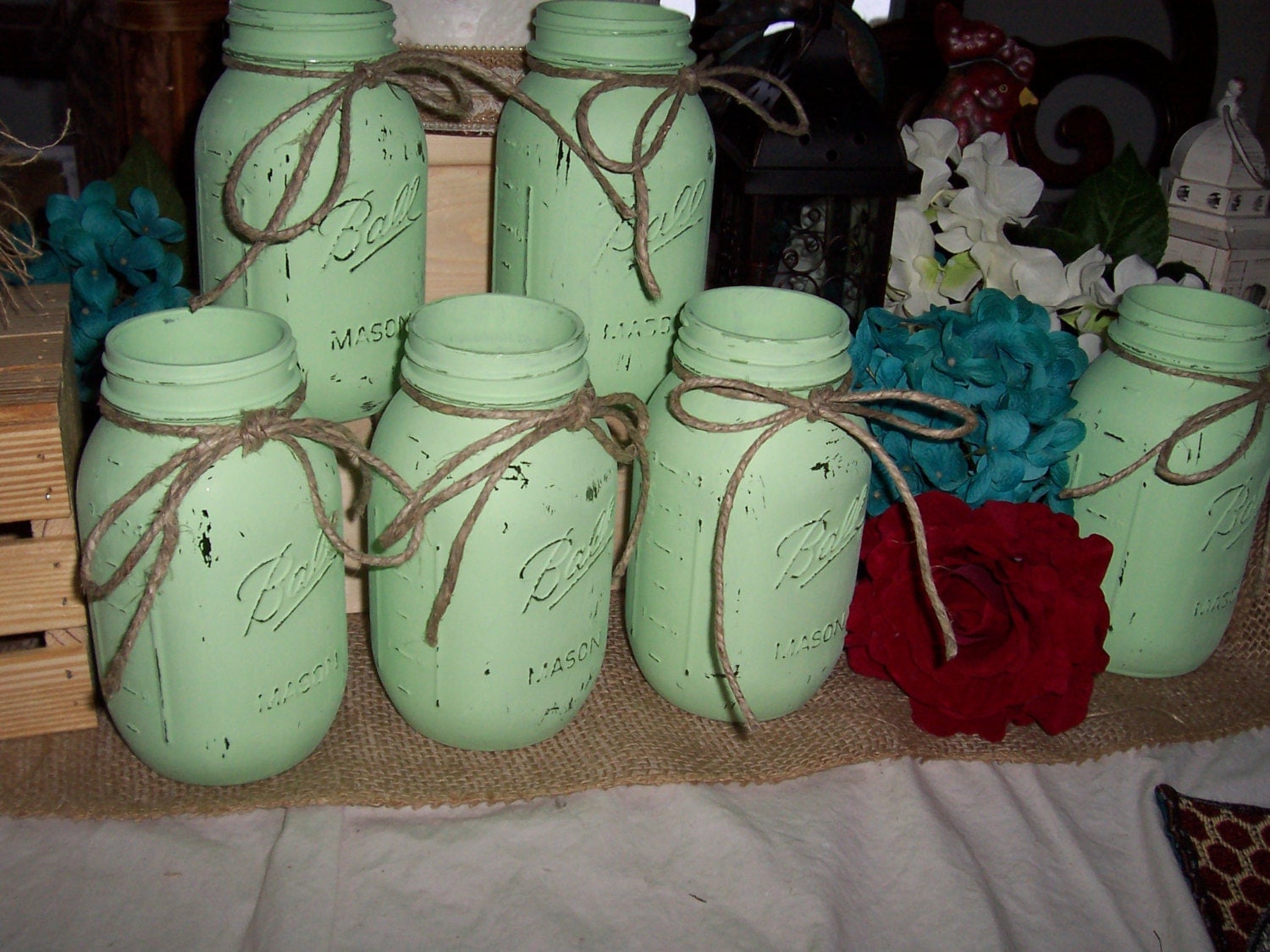 Mint Green decor Flower Vases Painted mason jar mint