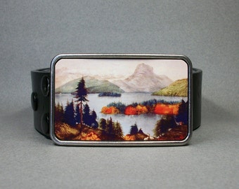 Belt Buckle American Wilderness Mountains Trees Lake