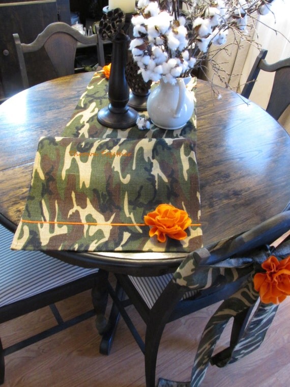 Items similar to Camouflage Burlap Table Runner, Green Camo with Orange