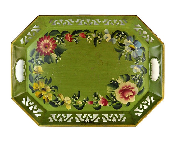 Metal Tray, Tole Hand Painted, Octagonal, Floral, Flowers, Blue, Red, Green, 1950s, Mid-Century