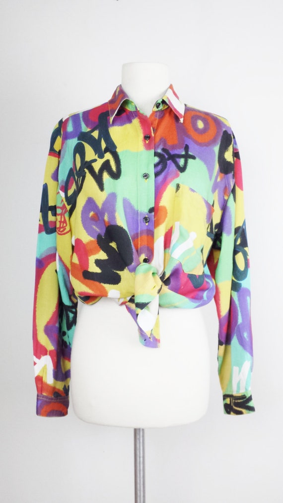 Items similar to Vintage 80s GRAFFITI Print Shirt/ 1980s Multicolor ...