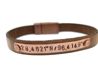 Gift, Personalized Leather Bracelet, Coordinate Bracelet for Men, Men's Gift, Mens Bracelet, Custom Coordinates, Father's Day Gift