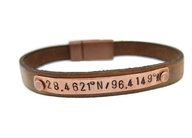 Men's Personalized Coordinate Leather Bracelet, Custom Coordinates Bracelet, Latitude Longitude, Copper Leather Bracelet, Gift for Him