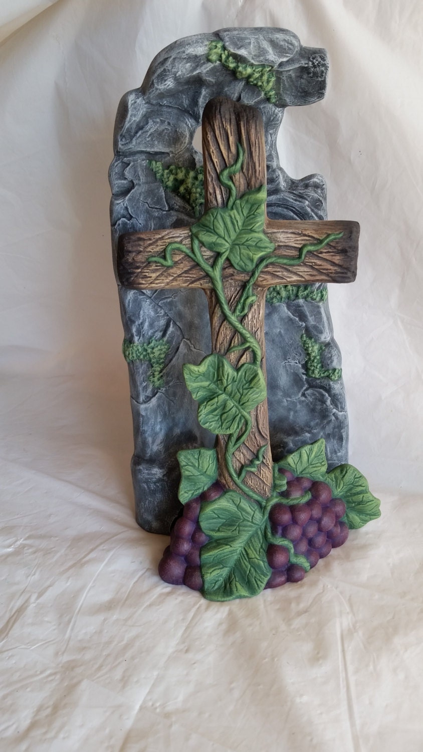 Cross wrapped in vines & grapes. Hand-painted Ceramic