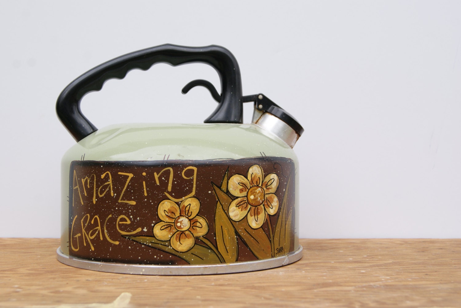 Tea Kettle Country Home Decor Hand Painted Light Green Tea