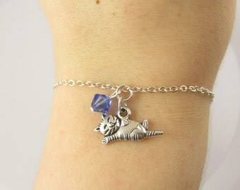 Cat Bracelet- choose a birthstone, Cat Jewelry, Cat Gift, Silver Cat Bracelet, Cat Birthstone, Silver Cat Jewelry, Cat Charm Bracelet