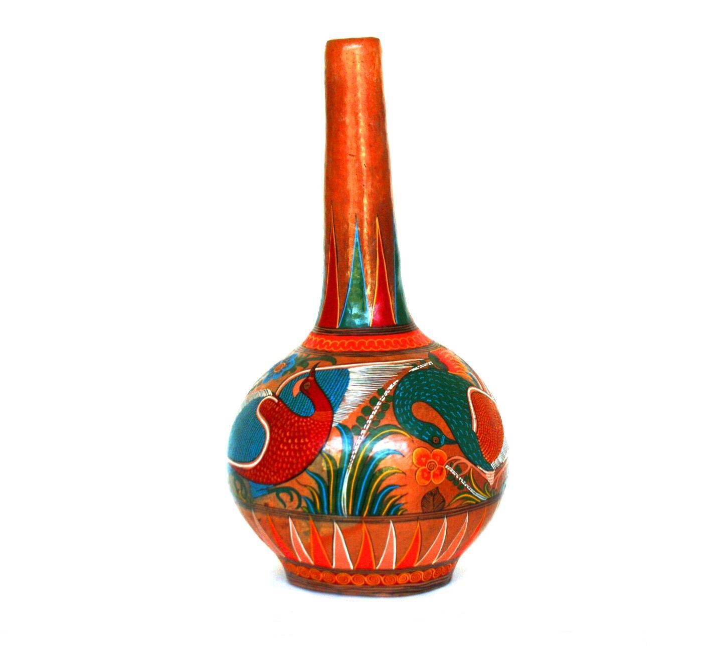 Antique Mexican Pottery Vasel / Tall Bud Vase / Hand Painted
