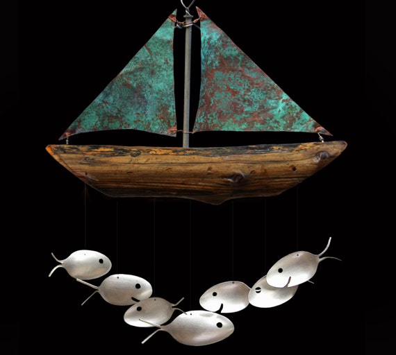 Nautical Verdigris Copper Sailboat and Silver Spoon Fish Wind Chime. Costal christmas gift giving made easy, gift for a sailor, navy gift