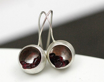Sterling Garnet Earrings. Half open orbs with falling / floating down raw garnet. Jewelry for her.