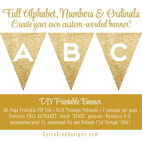 printable diy gold glitter full alphabet pennant banner