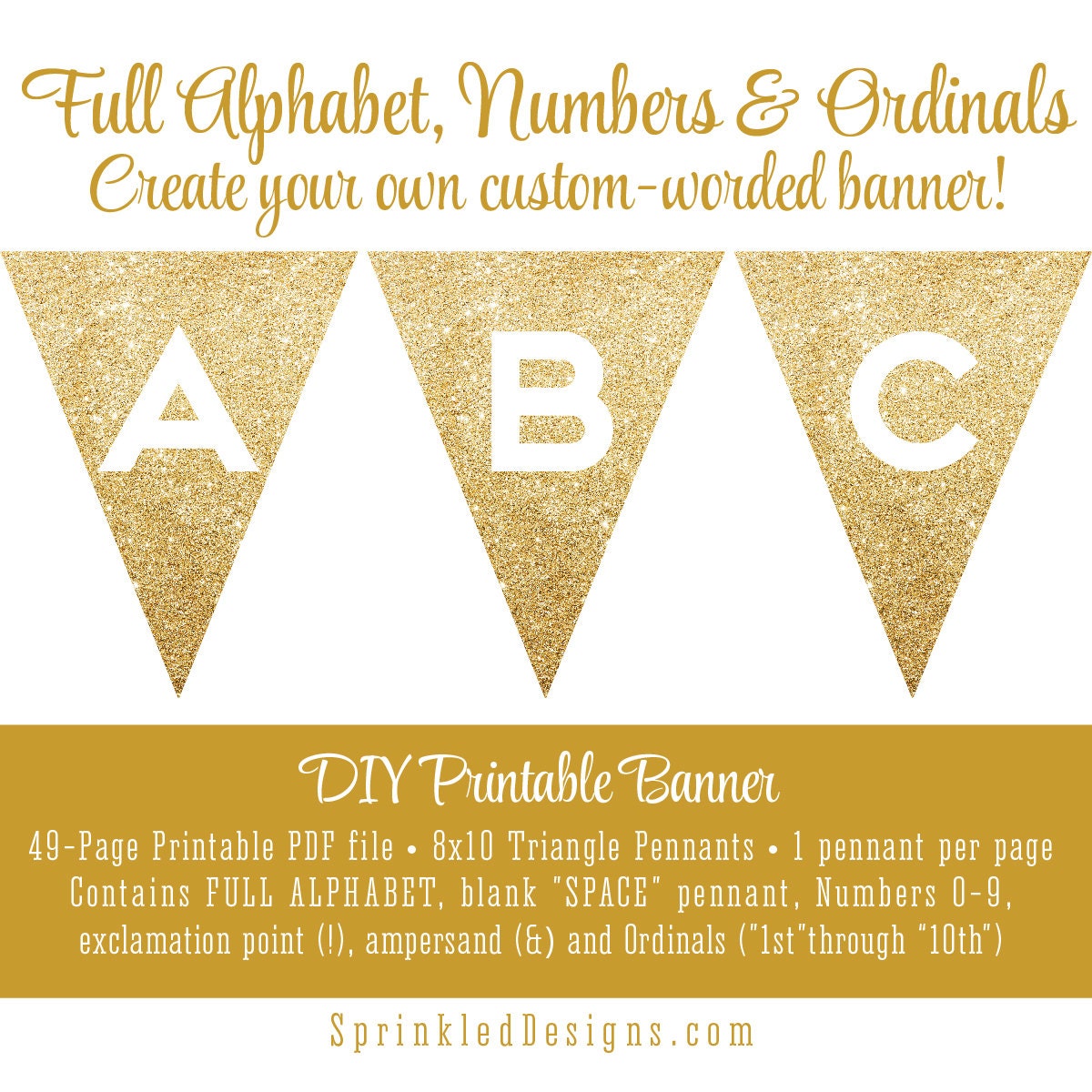 Printable DIY Gold Glitter FULL ALPHABET Pennant Banner