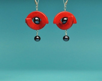 Red Half Circles with Pearl Earrings