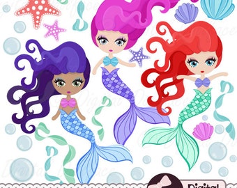 Cute Mermaid Clipart, Mermaid Party Printable, Scrapbook, Ocean Clip Art