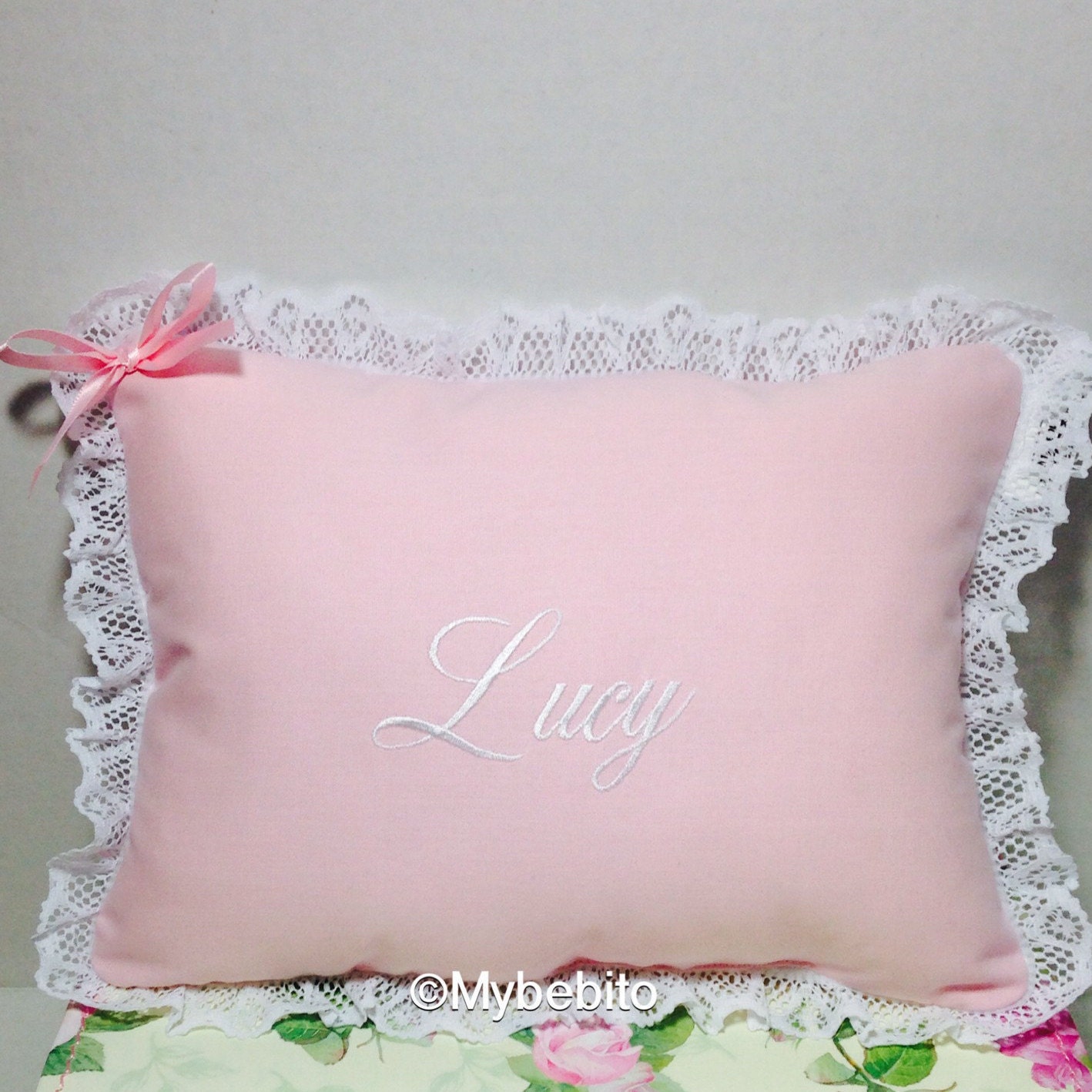 Personalized baby pillow girl Baby pink pillow with lace