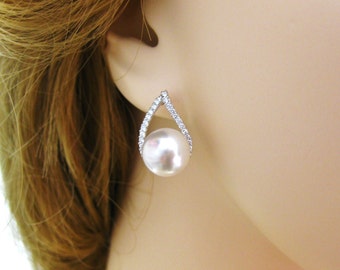 Bridal Pearl Earrings Wedding Jewelry Cubic Zirconia Teardrop Earrings Swarovski 10mm Pearl Silver Stud Earrings Bridesmaids Gift (E105)