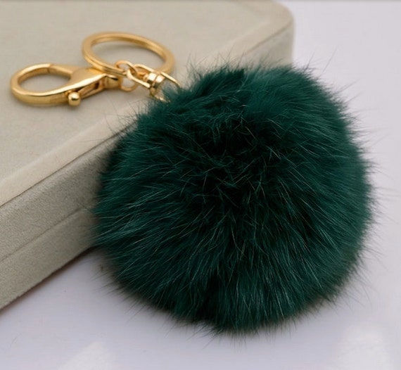 pom leather keychain pom Deep Pom Pendant plush Keychain pompon Pom Fur Green Bag ball charm