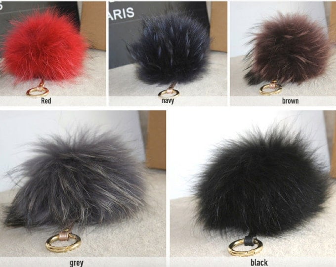 NEW! Raccoon Fur Pom Pom luxury bag pendant + leather strap metal buckle key ring chain bag charm GREY