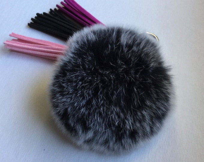 Fur pom pom keychain fur ball bag pendant charm made from Rex Rabbit Fur in frosted black with three 3,5 inch leather tassels