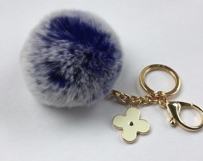 NEW Pom-Perfect Blue Frosted REX Rabbit fur pom pom ball with flower keychain