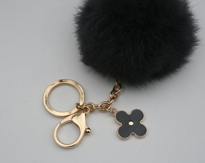 Pom-Perfect BLACK Rabbit fur pom pom ball keychain or bag pendant with flower keychain