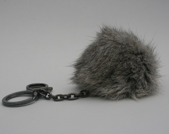 Gun Metal series Rabbit fur pom pom ball with elongated keychain in Natural Grey