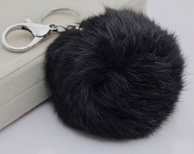 Black Cute Genuine Leather Rabbit fur pom pom keychain for car key ring Bag Charm