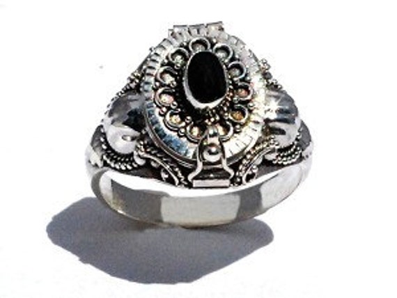 Sterling Silver Bali Oval Poison Ring with Genuine Black Onyx