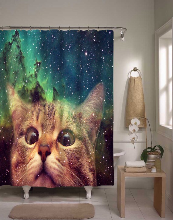 Epic Space Cat Shower Curtain, Cat In Space, Home Decor, Funny, Cute Feline Tabby Cat Astronomy Space Nebula Feline Home Decor Bathroom