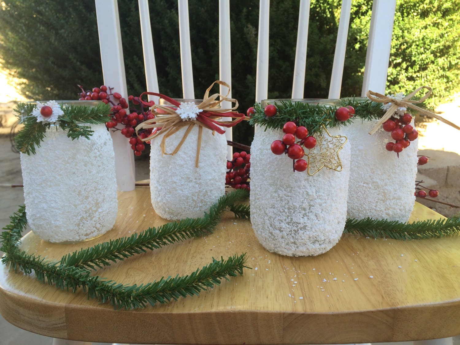 Christmas Mason Jar, Candle Holder, Snowy, Ribbon,Bows, Stars, Berries, Snowflake, Candles, Decoration