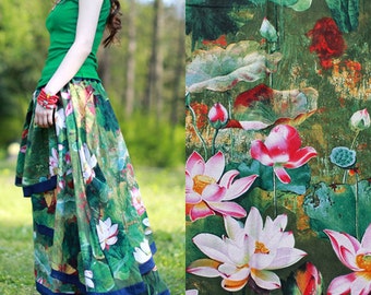 Lotus fabric Floral Cotton Linen Fabric, Water Painting Style, Large Lotus Fabric for Large Bag/Curtain fabric/ / tablecloth- 1/2 yard