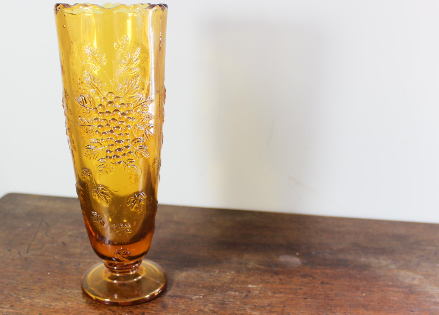 Amber Glass Vase With Grape Design Mid Century Modern