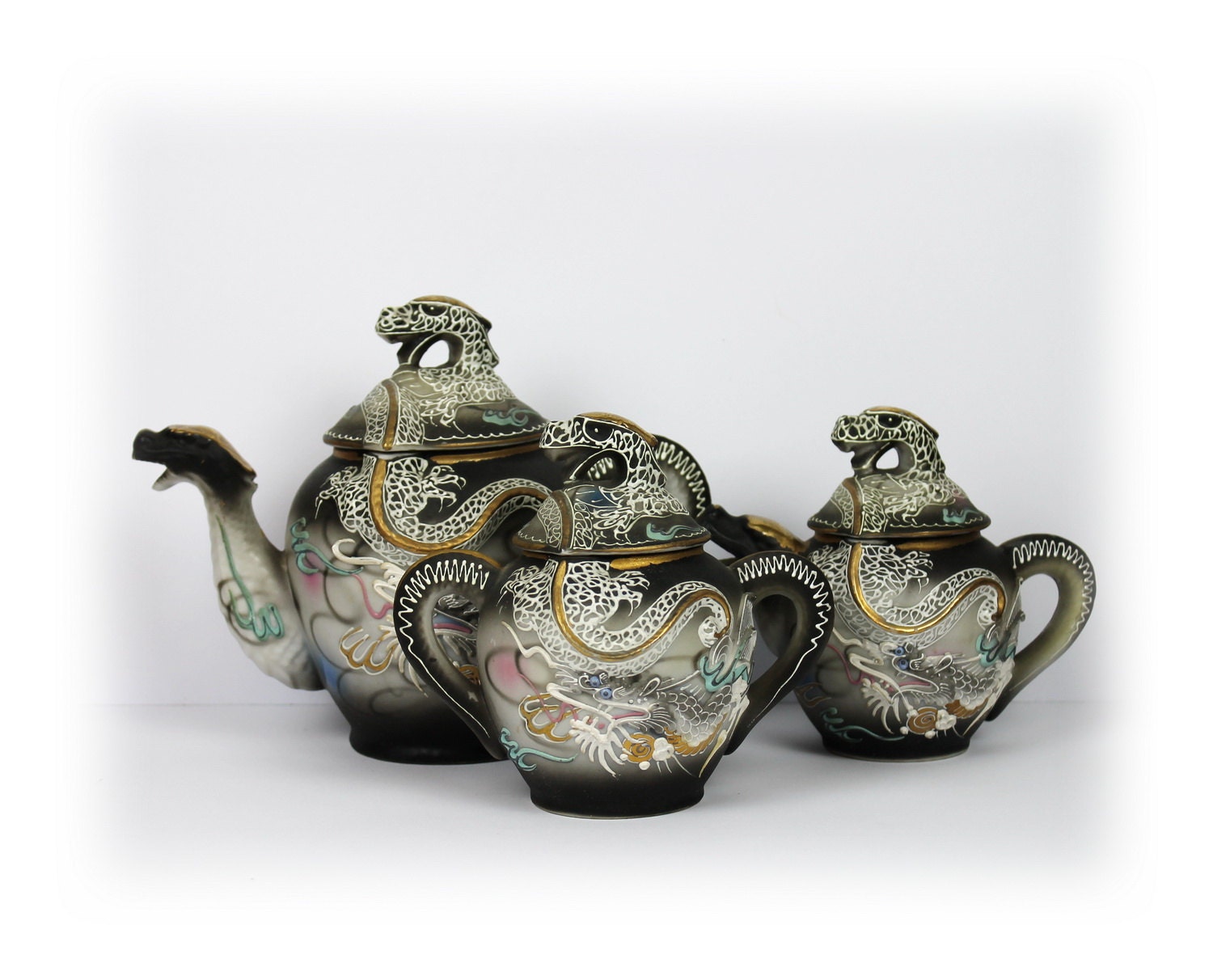 Lithophane Tea Set Geisha Dragonware Vintage Kutani Japanese