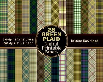 Green Plaid Digital Paper Pack 28 Scrapbook Paper DOWNLOAD Printable Wrapping Graphic Christmas Tartan Pattern 12x12 JPG PDF